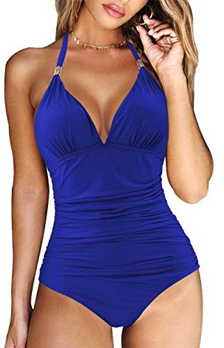 DOULAFASS Swimming Costume Women Tummy Control Swimsuit Halter V Neck Padded One Piece