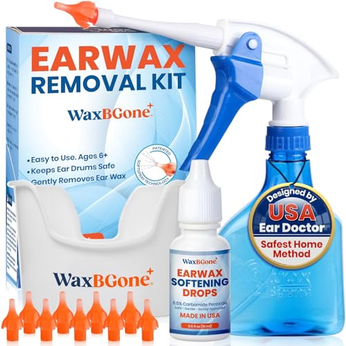 WaxBGone® Ear Wax Removal Kit with SoftSpray® Irrigation Tips, 4X High Output Sprayer & Ear Basin - Safe, Fast, Gentle Ear Cleaning Kit for Adults & Kids at Home - Standard Kit with Ear Drops