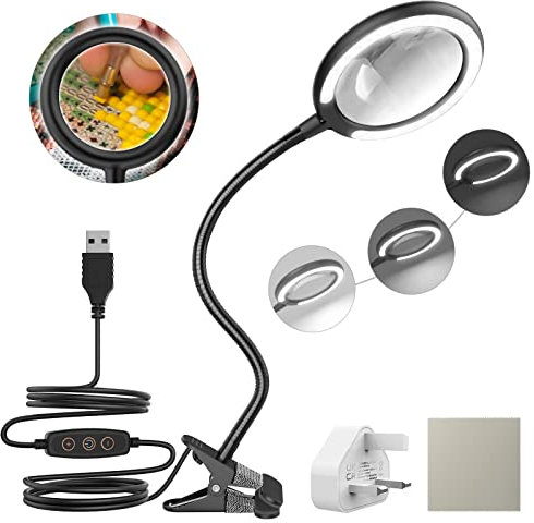 3X Daylight LED Magnifying Lamp, Clamp Magnifying Glass with 6 Adjustable Light Setting for Reading, Seniors, Hobbies, Craft