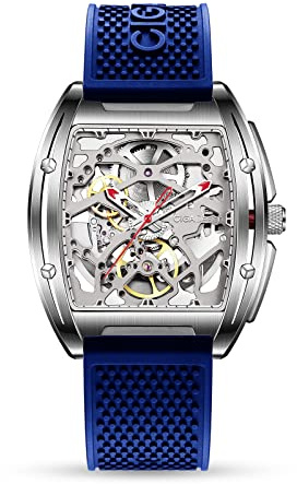 CIGA Design Edge Automatik Uhr Herren, Z Serie, Tonneau Mechanische Skelettuhr, Titan/Edelstahl Gehäuse, Saphirglas, Silikonarmband, Luxusuhr Geschenk für Herren(Blau)