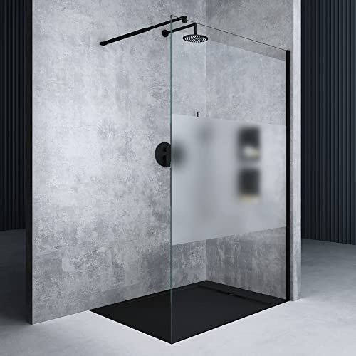 Mai & Mai Paroi de Douche 110x200 Douche à L'italienne Transparent avec Bande Opaque Profilé Noir BR1MS Pare-douche en Verre Trempé 8mm Revêtement Nano Easy Clean