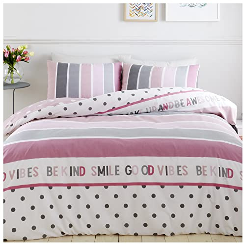 GC GAVENO CAVAILIA Luxury Geometric King Duvet Set | Easycare Reversible Polka Dot Comforter | Text Printed Super Soft Quilt Covers Bedset With Pillowcases | Blush Pink/Grey