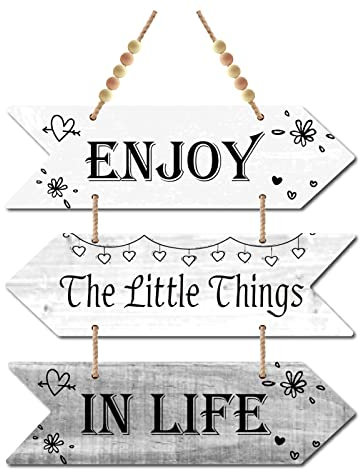 CREATCABIN 3 Pieza Madera Enjoy The LittThings In Life Sign Wood Arrow Placa Colgante Decoración Pared Casa Campo Cocina Rústica Agujero Hogar Comedor SaEstar (Color Gris Oscuro)