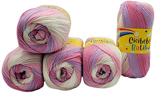 5 x 100 g Strickgarn Cicibebe Batik mehrfarbig mit Farbverlauf, 500 Gramm Strickwolle bunt, Farbverlaufsgarn (flieder rosa weiss 550-61)