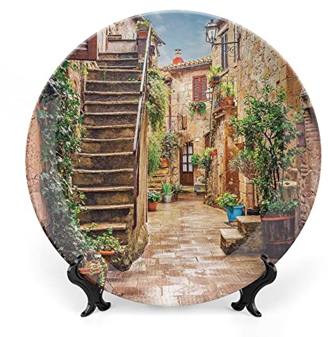 XISUNYA 6 Inch Decorative Plate, Tuscan Porcelain Plate, Old Mediterranean Street Stone Rock Houses in Italian City Rural Print Ornament Display Plate Handmade Plate Wedding Gifts, Multi