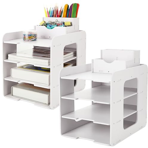 CYEER 2 Stück Schreibtisch Organizer A4 Ablagefächer Stapelbar 4-Tier Papierablage Büro, Weiß Ablage Schreibtisch Ablagekorb mit Mini Schreibtisch Organizer für Büro Arbeitszimmer Schule Office