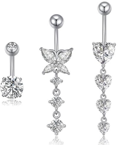 Besyvvin 3stk Bauchnabelpiercing Chirurgenstahl 10mm Silber Schmetterling Herz Anhänger Bauchpiercing Piercing Bauchnabel Schmuck