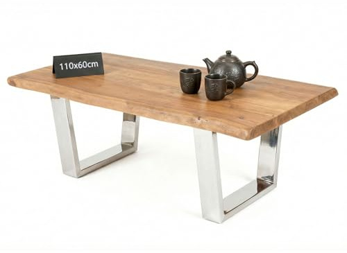 riess-ambiente.de Massivholz Couchtisch Mammut 110cm Akazie Honey Finish Kufengestell Baumkante 4cm Tischplatte