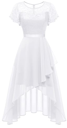 Wedtrend Robe de Soirée Élégante pour Femme - Cocktail en Mousseline de Soie avec Dentelle - Mi-Longue pour Mariage et Remise de Diplôme, Blanc, XS
