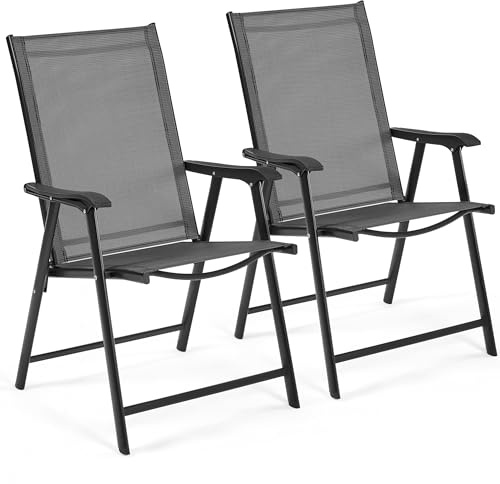 Yaheetech Folding Garden Chairs with High Back, Steel Frame, 2-Pack, Black | Chairs with Backrest and Armrests | Portable & Compact Storage | Portable Compact Storage | For Home, Office, Dining, Event