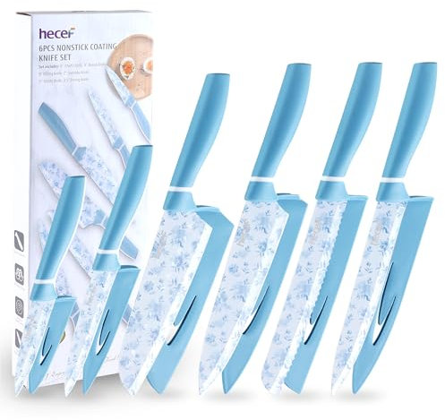 hecef Set Coltelli da Cucina, 6 Pezzi Coltelli da cucina Professionali in Acciaio Inossidabile, Lama Esclusiva Rivestita in Celadon, 6 Protezioni per la Lama