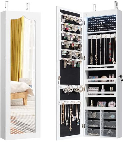 FANTASK Schmuckschrank hängend, Sipegelschrank mit LED-Beleuchtung, Spiegel und 6 Schubladen, Hängeschrank für Tür- und Wandmontage, Schmuck Schrank für Schmuck & Kosmetik Aufbewahrung, Weiß
