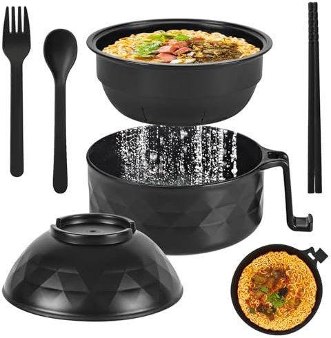 LETTERASHQP Microwave Ramen Bowl, Ramen Schüssel Set Instant Noodle Bowl mit Griffen Instant Ramen Schüssel mit Deckel und Löffel tragbarer Mikrowellen Ramen Kocher für Suppe, Nudeln, Pasta, Salate
