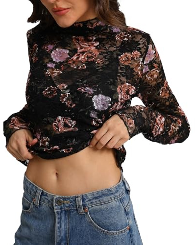 IWOLLENCE Lace Top for Women UK Long Sleeve Mock Neck | Floral Top Sexy Y2K Undershirt Party Clubwear