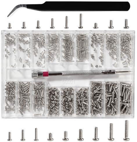 Lyeteung 500 PCS 18 Sizes M1.2/M1.4/M2 Tiny Micro Repair Screw Kit, Tiny Micro Screws Set, Electronic Repair Micro Screws, with Screwdriver and Tweezers, for Spectacles, Laptop, Watches, Silver