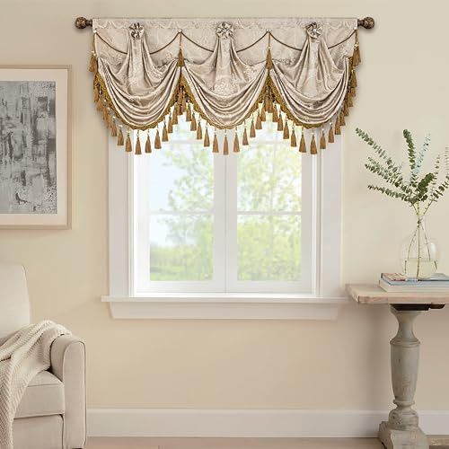 TOPLUXE Rideaux Cantonnière Cascade pour Fenêtres, Cantonnière Damassée à Franges, Rideaux Courts pour Chambre Salon Cuisine (Largeur 150cm, Sable)