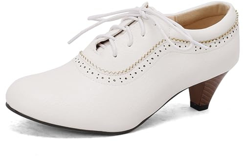 Lizoleor Decollete Donna Tacco A Cono Tacco Medio Punta Rotonda Stringate Primavera Vestito retrò Classiche Bianco Numero 35 EU