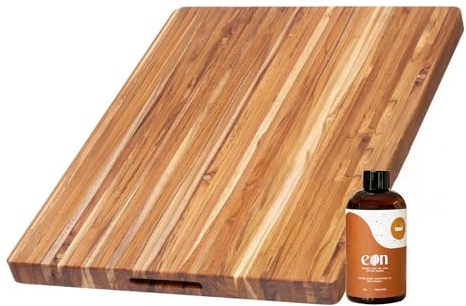 Teakhaus Carving Board and Cutting Board Oil Set - Includes Large (L) Wood Cutting Board with Grip Handles and EON Food Grade Mineral Oil - Knife-Friendly - FSC Certified