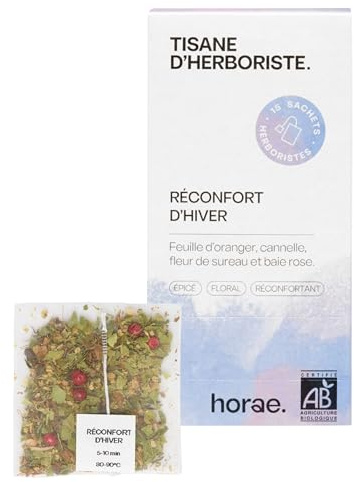 Horae - Tisane Réconfort d'Hiver Bio 15 sachets - Tisane bio de feuille d'oranger, cannelle, fleur de sureau, thym, gingembre et baies roses - Tisane d'herboristes produite en France