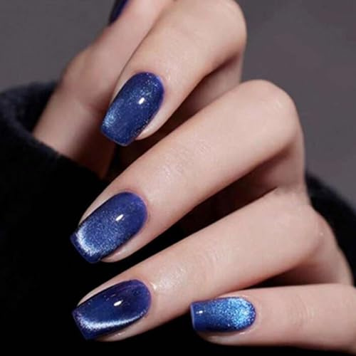 Viugex 30Pcs Faux Ongle Autocollants Courts Carrés, Naturel Bleu Foncé Œil de Chat Ongles à Presser, Brillant French Capsules Ongles, Acrylique Press on Nails pour Femmes et Filles Manucure Décoration