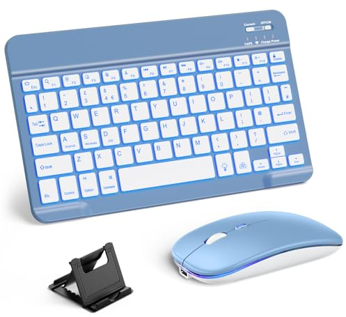 Vobafe Bluetooth Keyboard and Mouse Set with Backlight, Quiet Rechargeable Wireless Keyboard and Mouse with Phone Holder, for iPad/Samsung/iOS/Android/Windows, Ultra-thin keyboard, UK layout, Blue