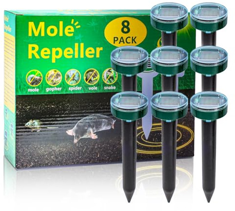 8 new Green Mole Repellent for lawns Gopher Repellent Ultrasonic Solar Powered Snake Repellent Deterrent Mole Repeller Vole Repellent Outdoor Lawns Garden Yard All Pests Sonic Spikes Stakes Chaser8