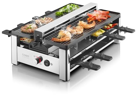 CASO Raclette AirClean - Raclette grill para hasta 8 personas con extractor de humos integrado de dos etapas, 1500W, revestimiento antiadherente, calentamiento rápido, filtro intercambiable