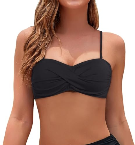 Haut de Bikini Bandeau Femme Push-Up Sexy Bikini Bandeau Col en V Croisée Haut de Bikini Noir Bretelles Amovibles et sans Bretelles Hautde Maillot de Bain avec Rembourrage Amovible