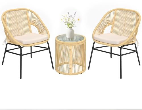 Outsunny Ensemble Bistro 3 Pièces en Résine Tressée Salon de Jardin Beige | 2 Fauteuils Confortables, Table en Verre Trempé, Coussins Déhoussables