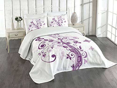 ABAKUHAUS Mauve Tagesdecke Set, Blumen Blatt Butter, Set mit Kissenbezügen Waschbar, für Doppelbetten 220 x 220 cm, Weiß Pflaume