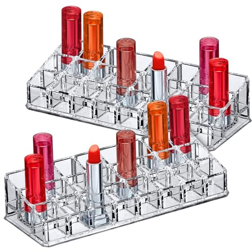 Amazing Abby - Glamour - 2-Pack 24-Slot Acrylic Lipstick Organizer, Lipstick Holder, Lip Gloss Holder, Cosmetic Storage Display, Perfect Storage Solution for Drawer and Vanity (Slot Size: 0.9 x 0.9)