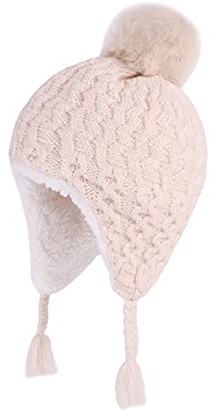 LANGZHEN småbarn barn småbarn vinterhatt, öronlappar stickad varm mössa fleece fodrad mössa för baby pojkar flickor, Beige, 6-12 månader