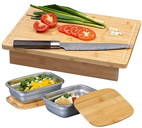 Rosenstein & Söhne Brett: XL-Bambus-Schneidebrett und 2 Edelstahl-Auffangbehälter mit Deckeln (Schneidebrett mit Auffangschale, mit Abfallschale, Frischhaltedosen)