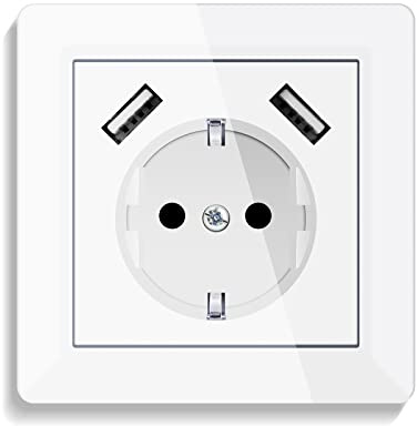 USB Steckdose System 55 Weiß Unterputz Schutzkontakt-Wandsteckdose Mit 2 USB Ladegerät für Handys, Tablet, MP3