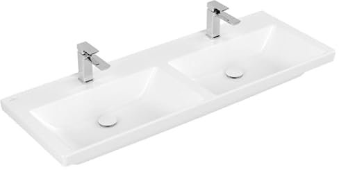 Lavabo doble con mueble Subway 3.0 de Villeroy & Boch, 1300 x 470 mm, 2 agujeros para grifo, sin rebosadero, sin pulir, 4A71D1, Color: Blanco Piedra, Cerámica Plus