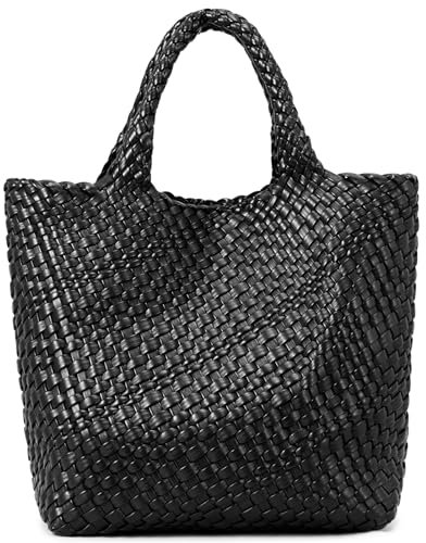 GASSDA Gewebte Tasche für Damen, veganes Leder, gewebte Handtasche, Tragetasche, große Strand-Reise-Handtasche und Geldbörse, Schwarz, Large