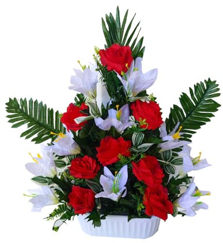 ASGRADO Flor de Santos Flor Artificial Flor Centro para para Cementerio 45x50cm Incluye 1 un Artificial Flores y Vela.(Rojo)
