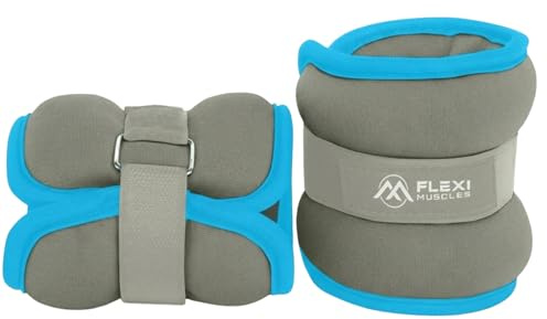 Flexi Muscles Ankel- och handledsvikter set (2 kg/4,4 pund par) – ben- och armsandsäckar vikter för styrketräning – säker passform för löpning, promenader, aerobics, sjukgymnastik och hemträning.