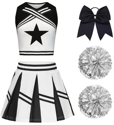 XFOZDM Deguisement Pompom Girl Fille, Deguisement Cheerleader Fille, Uniforme de Pompom Girl Fille avec Pompoms et Chaussettes Robe de Pompom Costume pour Enfant Halloween Carnaval Mascarade Noir 150