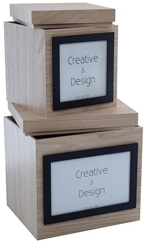 Brandsseller – Juego de 2 cajas de almacenamiento de madera compuesta 18,5×18,5×15,5 cm y 15,5×15,5×13,5 cm – Con tapa y marco de fotos integrado – Cajas decorativas para regalos y recuerdos