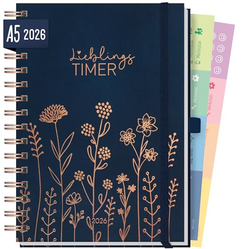 Häfft® Lieblings-Timer Deluxe Kalender 2026 A5 Fine Flowers night blue Terminplaner mit Spiralbindung, Spiralkalender, Terminkalender, Wochenplaner, Ringbuch Planner - nachhaltig & klimafreundlich