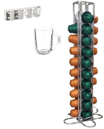 MAGMAHOME Soporte 40pcs Compatible Cafe nespresso Capsulas, Dispensador compatible Capsulas Vertical, compatible Portacapsulas Nespresso de Metal Cromado, más 4 tazas de cristal 80ml de regalo