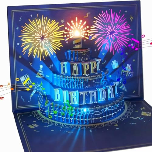 WUJUN Birthday Card 3D Musical Pop Up Card with Light, Unique Style Handmade Happy Birthday Card Greeting Cards with Envelope for Men, Women,Mother, Kids,Express Special Love (Blue Fireworks)
