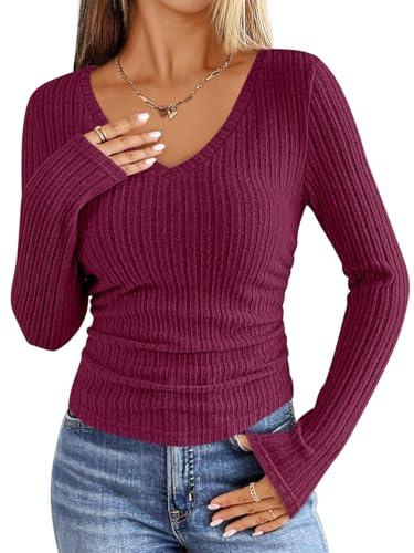 ANRABESS Womens Long Sleeve Shirts V Neck Ribbed Knit Slim Fit Lightweight Sweater 2025 Fall Dressy Casual Travel Work Tops Burgundy Medium