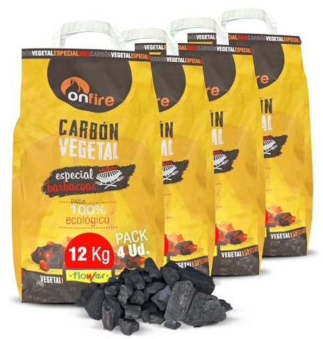 FLOWER Carbon Barbacoa Vegetal 100% Natural 12 KG | Carbón Barbacoas, Parrilas y Chimeneas Sin Humo, Sin Aditivos Químicos Ni Minerales | Alto Poder Calorífico | Encendido Rápido y Fácil (12 KG)