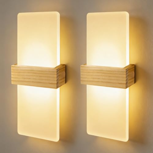 JaneYi Pack de 2 Lámpara de Pared Interior LED 12W Blanco Cálido 3000K Lámpara de Muro Up & Down Moderna en Acrílico con Carcasa de Madera Iluminación Indirecta para Pasillo Escalera Salón Dormitorio