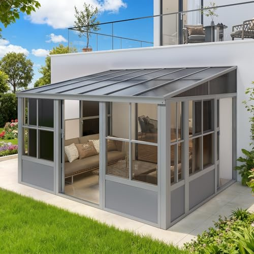 YOLENY 10x12 FT Wall Mounted Sunroom with Polycarbonate Sloping Roof, 3-Side Lockable Entrance & Removable PC Screen, Outdoor Permanent Sun Room Lean to Gazebo for Deck Patio, Grey