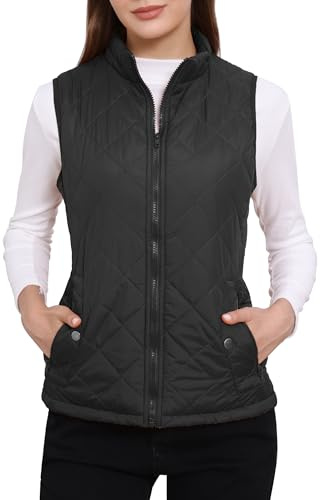 Allegra K Woman Zip Up Front Stand Collar Slant Pockets Quilted Padded Vest Medium Black