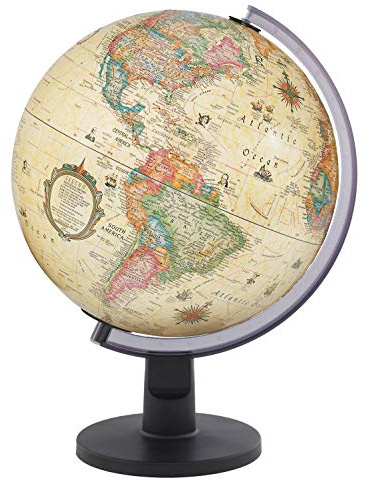 Spotter Illuminated 12 Diameter, Up to Date Cartography,with Antique Ocean Globe Ball and Sturdy Black Base. Beautiful Antique Globe ball. This high quality illuminated globe is packed with premium features such as a 2-way map, illumination, raised-relief and is budget-friendly. Perfect for kid’s bedroom nightlight, home décor accessory, gift or to use as an education piece for hours of discussion.