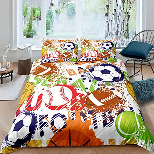 Juego de ropa de cama para niños, diseño de balones de fútbol, rugby, tenis, funda de edredón para adolescentes, baloncesto, béisbol, voleibol, deportes, con 2 fundas de almohada, tamaño doble